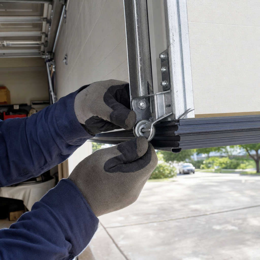 Technician performing emergency garage door roller repair and maintenance.