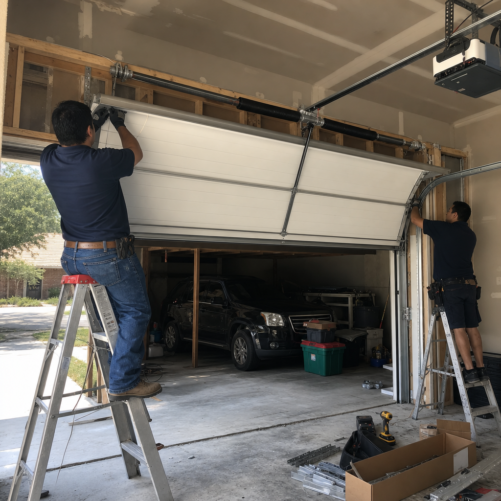 Two technicians installing a white sectional garage door in a garage