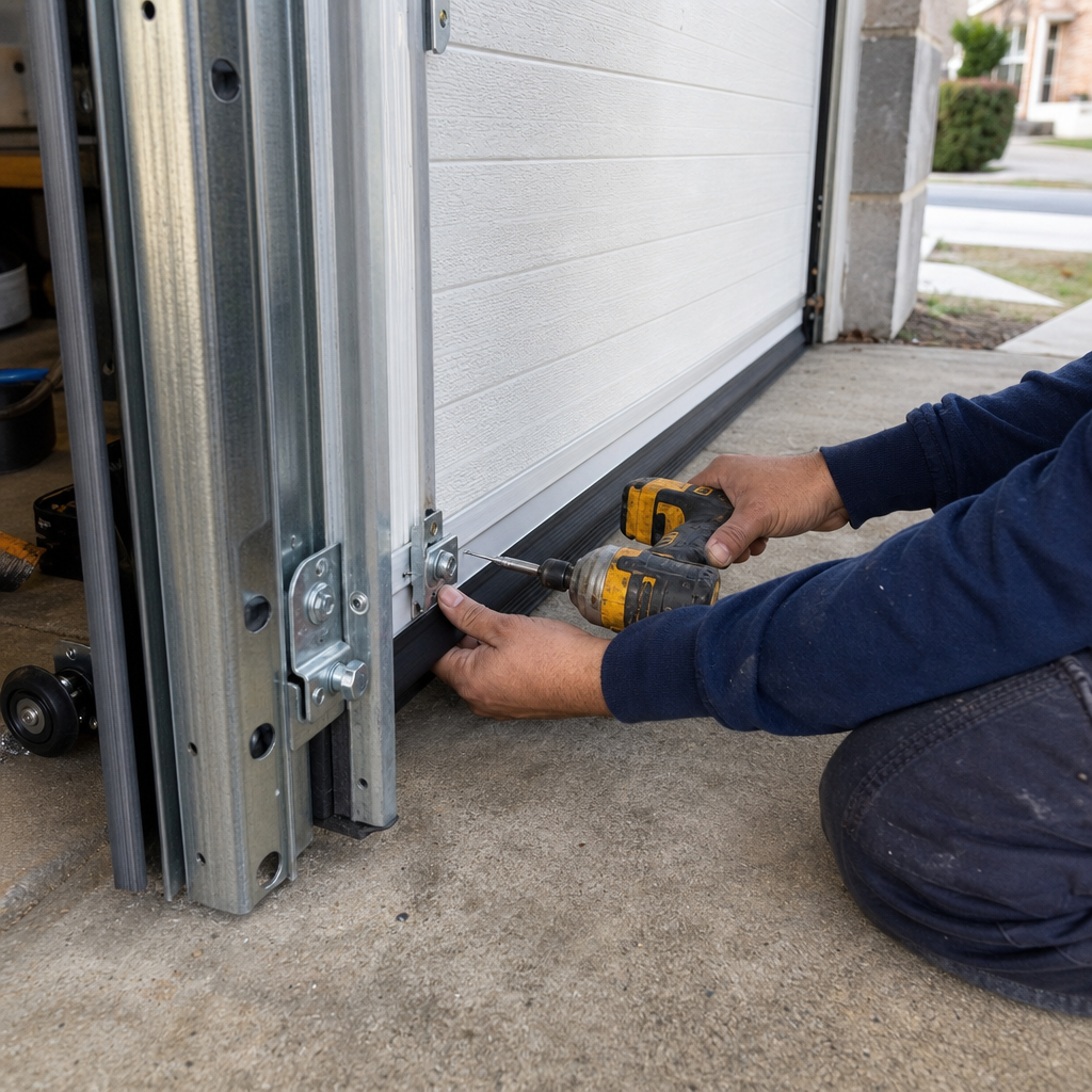 Technician using a power drill to install residential garage door weatherstripping