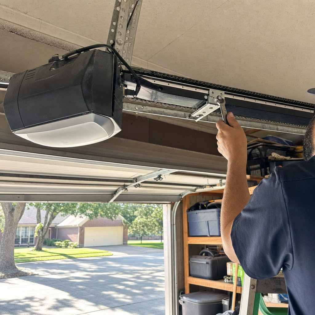 Technician performing professional garage door opener maintenance and repair