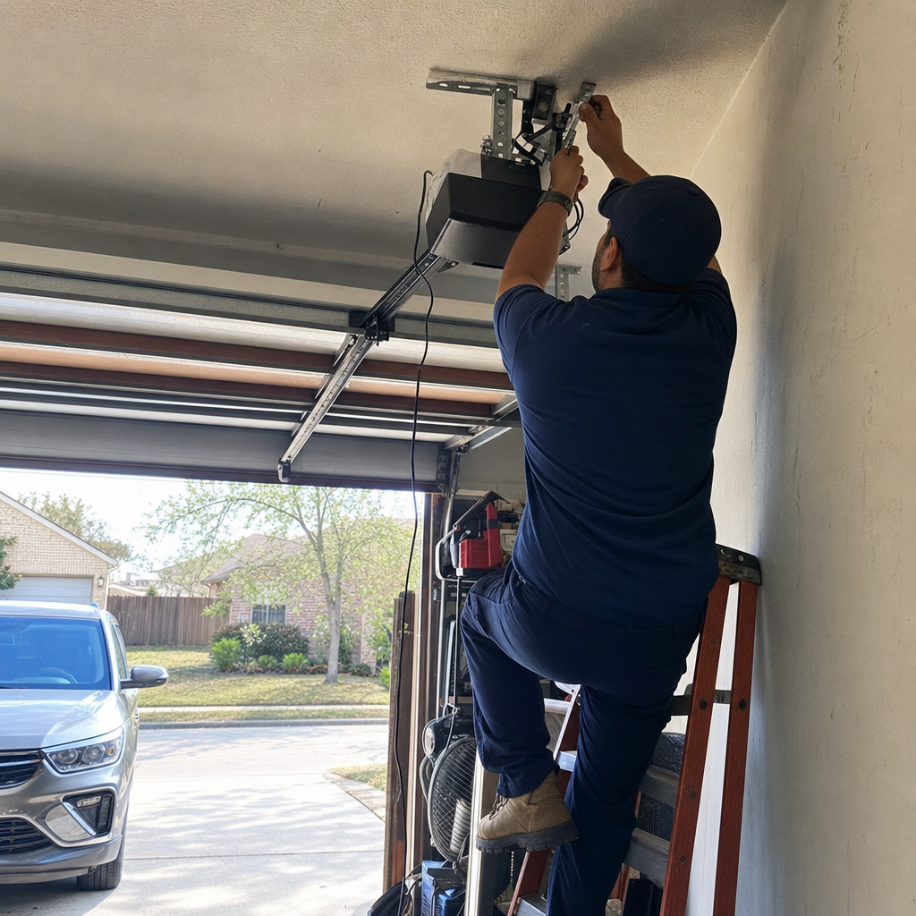Technician installing a garage door opener motor on a ceiling