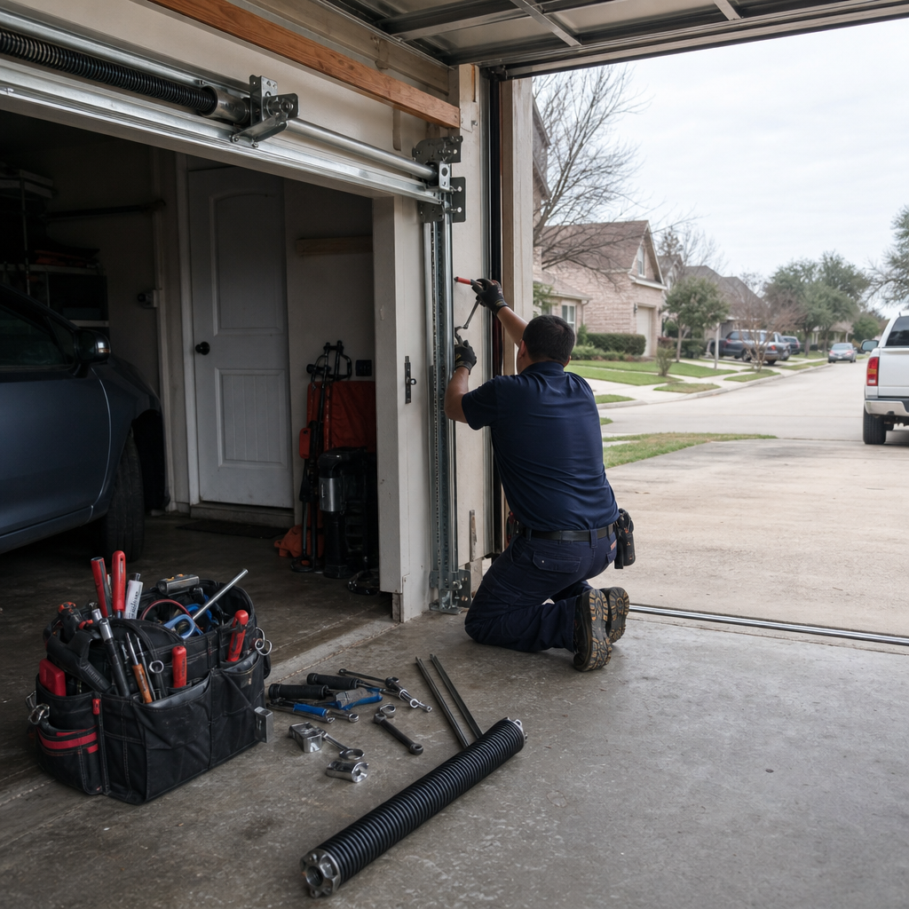 Technician performing professional garage door parts repair and installation.