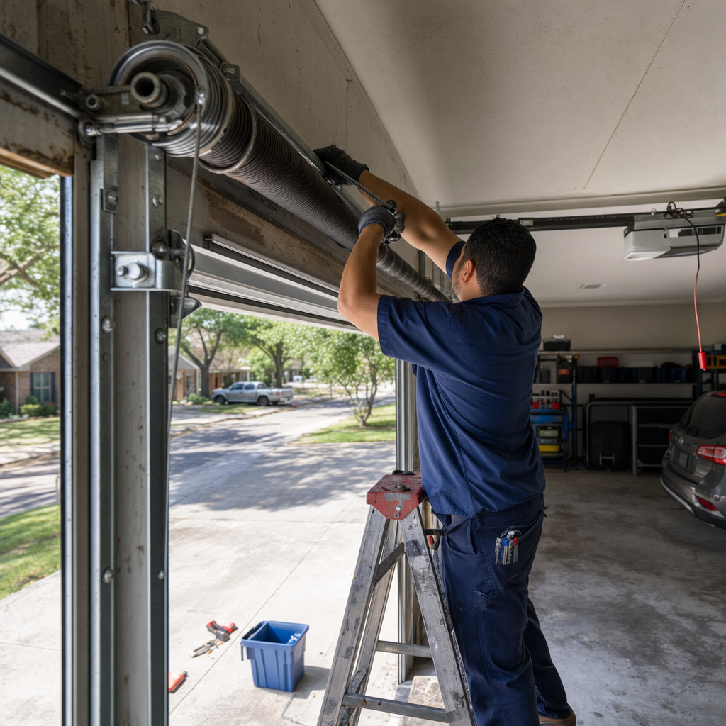 Technician performing professional garage door spring repair and maintenance