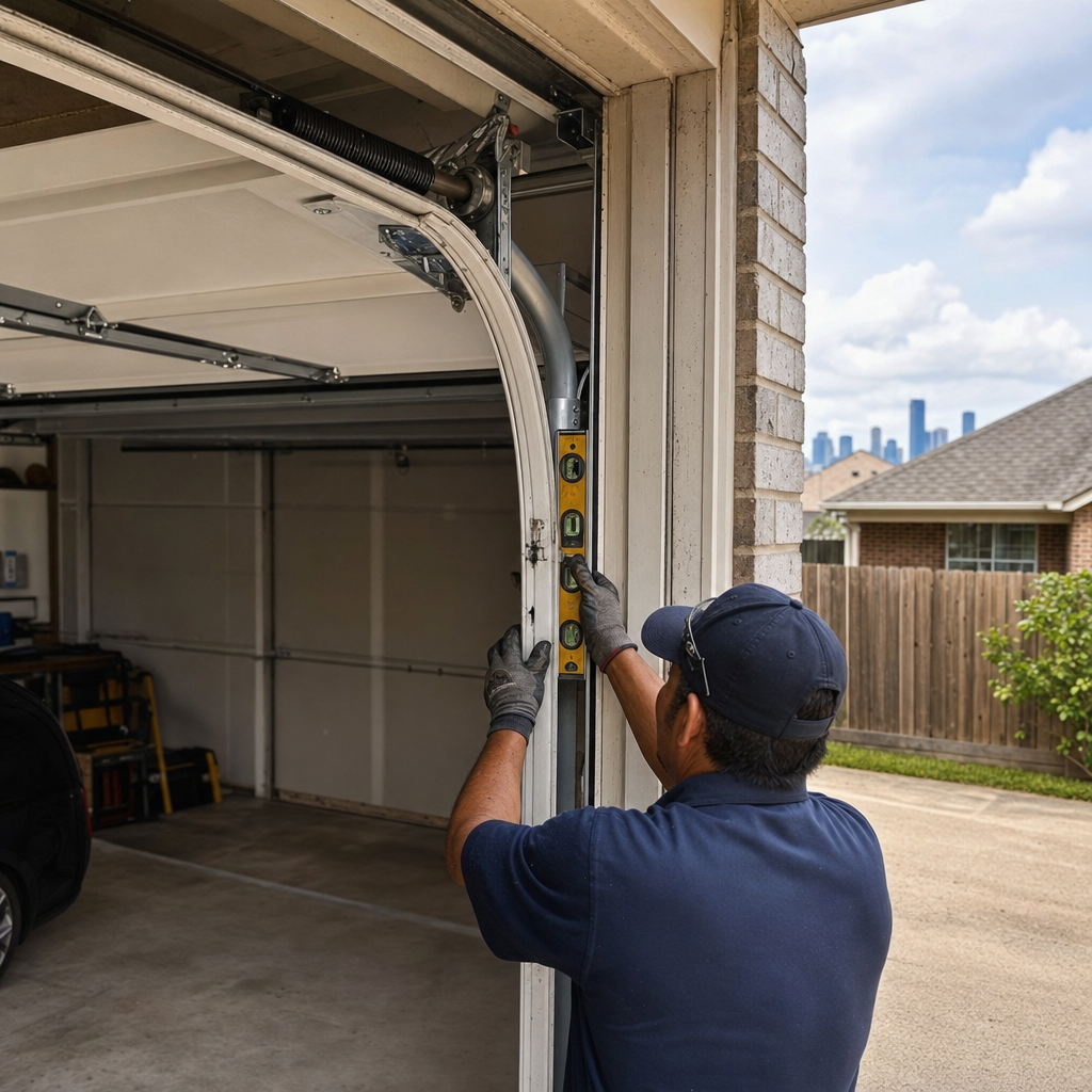 Technician using a level to repair a garage door track.