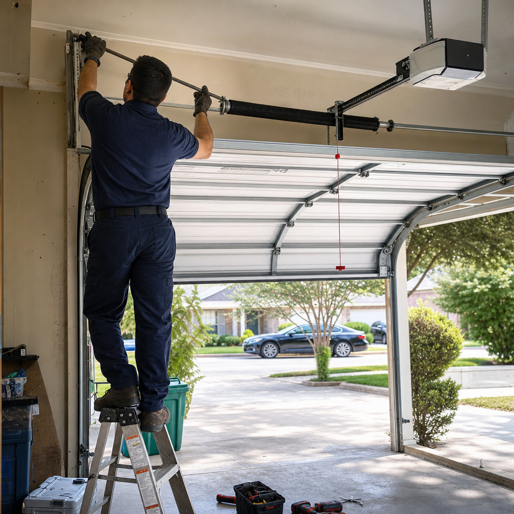 Technician performing professional garage door spring repair and maintenance