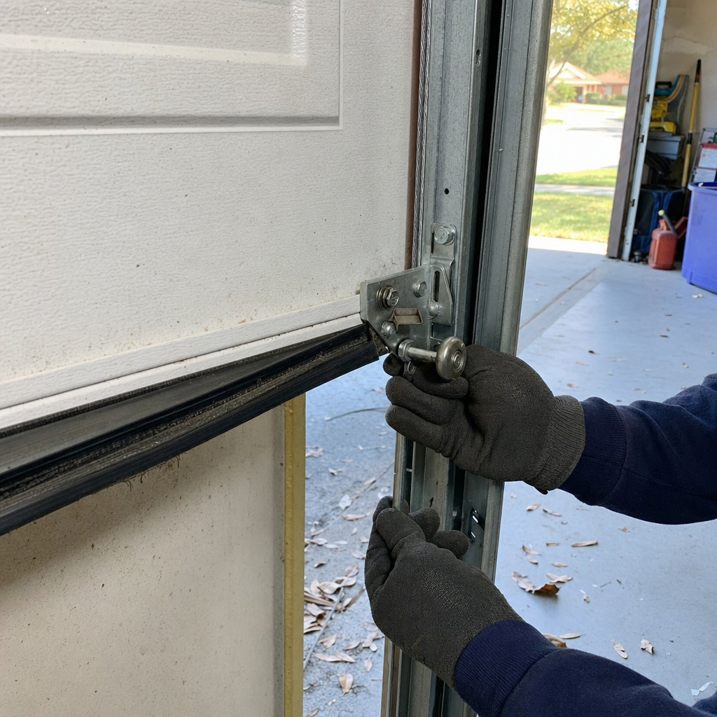 Technician performing emergency garage door roller and hinge repair in Texas, TX