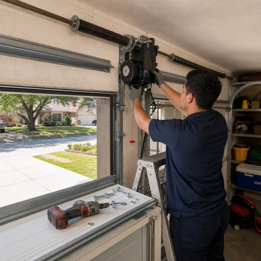 Technician installing a garage door opener motor system