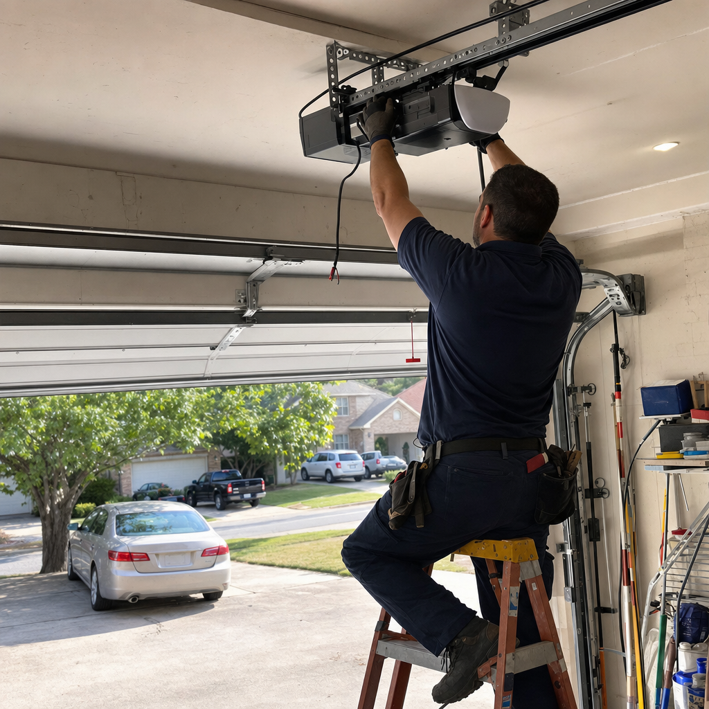 Technician installing a garage door opener motor on a ceiling